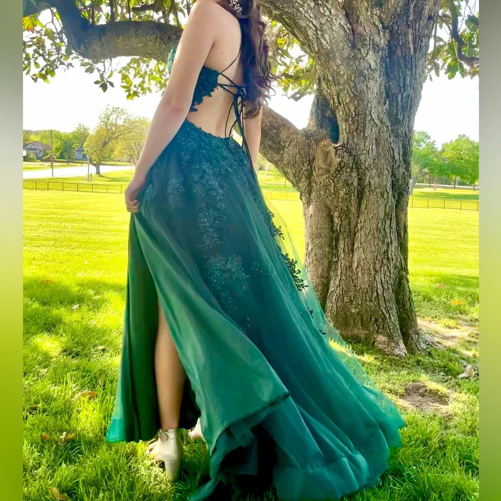 Dark Green Lace Prom Dress by La Femme - Picture 2 of 4